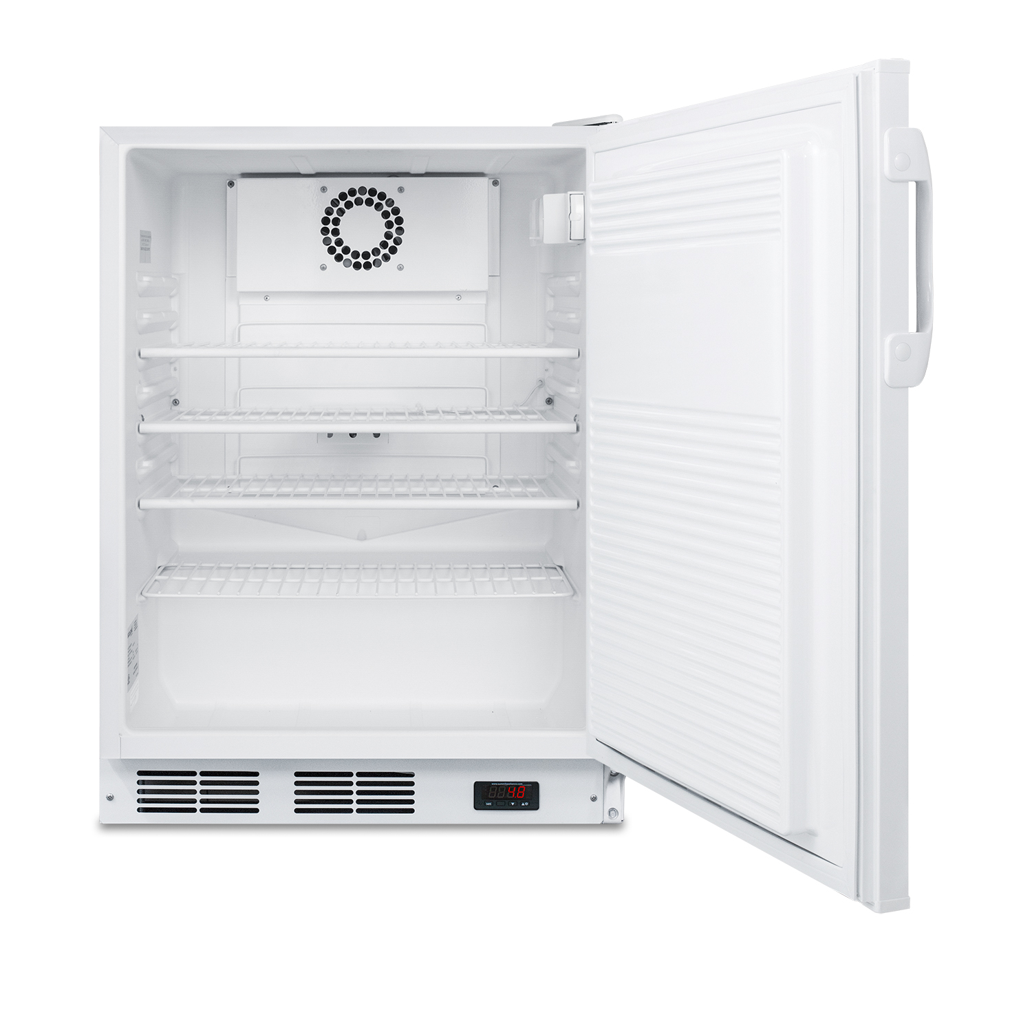 ADA compliant built-in undercounter all-refrigerator for general purpose and commercial use, with lock, auto defrost operation, internal fan, digital thermostat, and white exterior